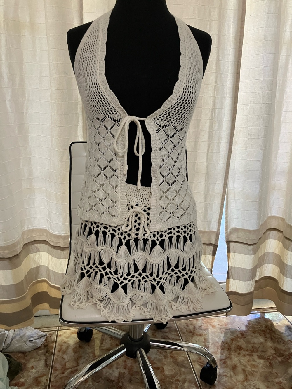 Crochet Halter Tie-Front Tunic in White